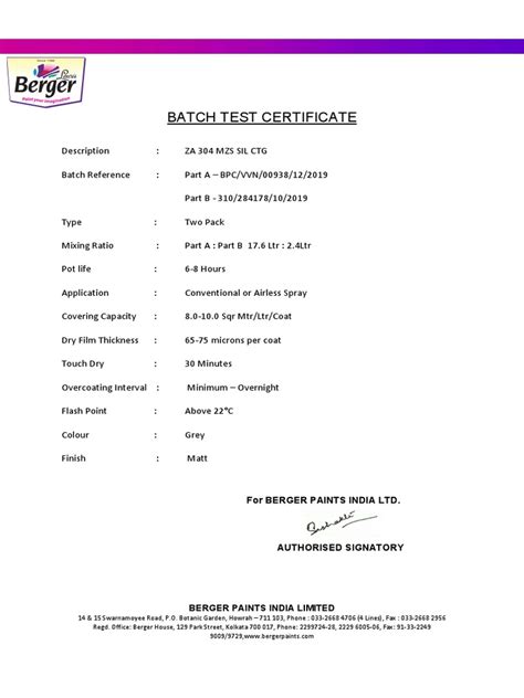 berger paint test certificate|berger paints batch test.